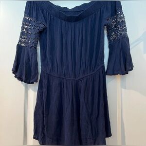 ✨Blush M Elegant Navy Blue Off-Shoulder romper tassel ties bell sleeves